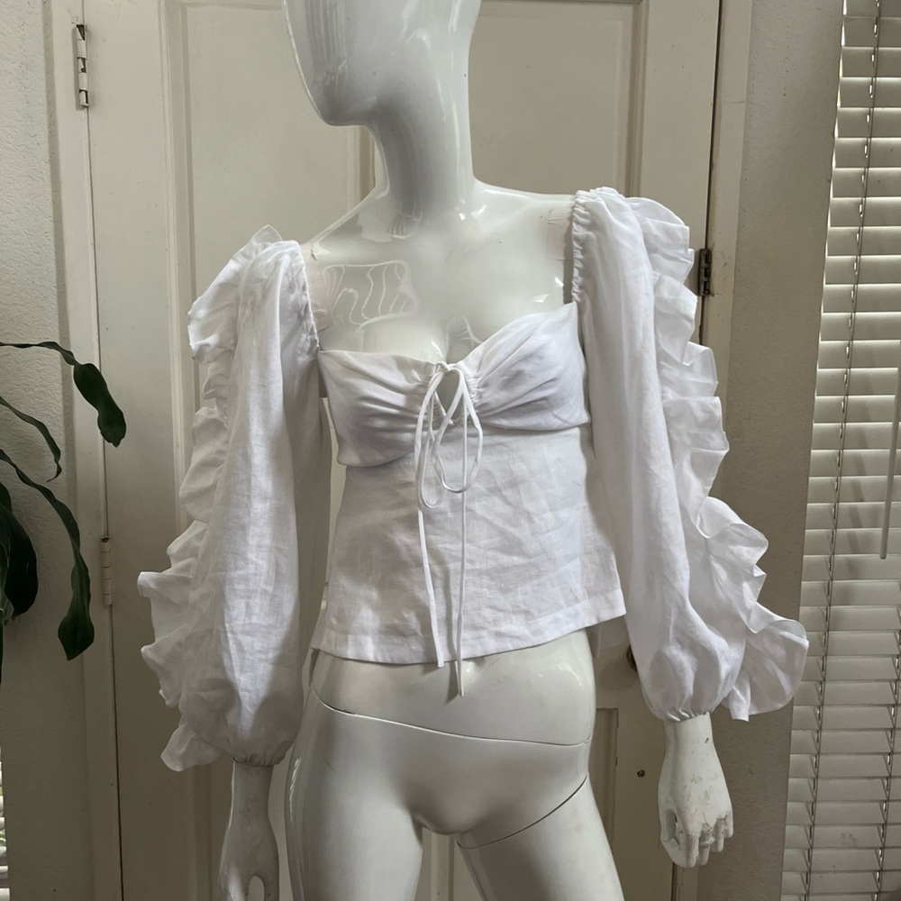 NO PISE LA GRAMA NEW! White 100% Linen Ruffled Off Shoulder Blouse Sz XS